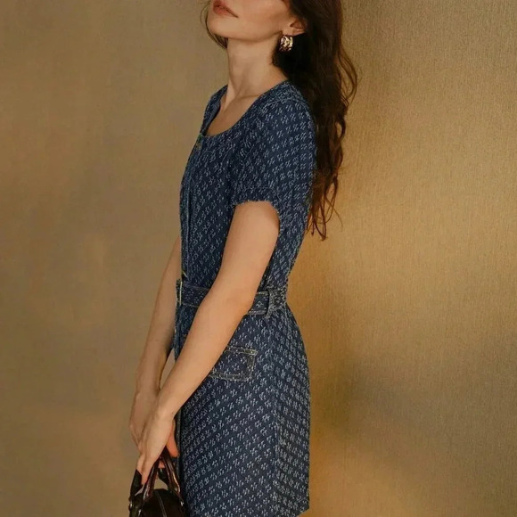 Blue Women's Flap Detail Buckle Belted Swiss Dot Denim Dress - Picture 6 of 8